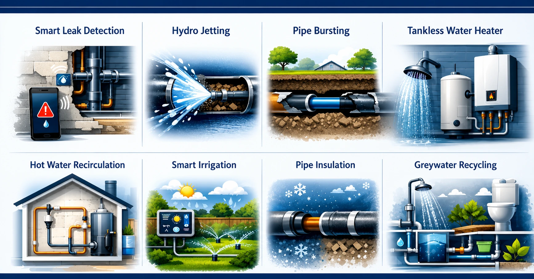 Smart plumbing solutions including leak detection, irrigation, insulation, and recycling