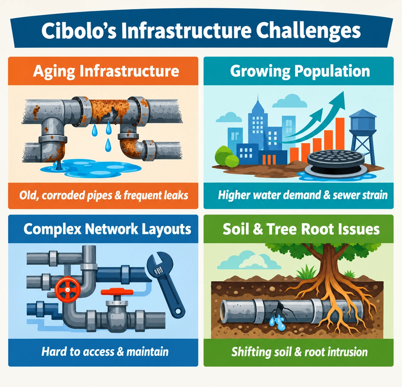 Cibolo plumbing infrastructure challenges: aging pipes, population growth, root intrusion