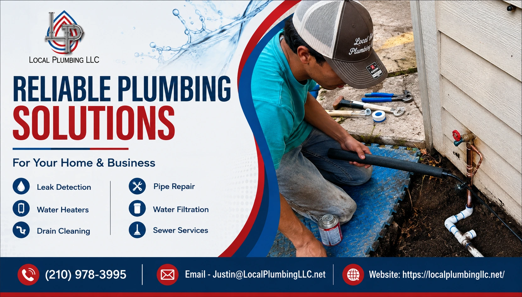 Professional plumbing services banner featuring plumber repair, leak detection, and pipe services