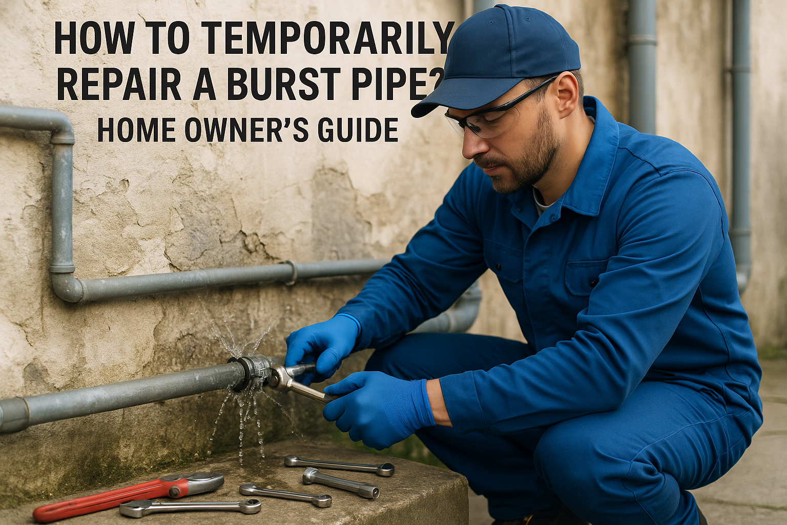 Emergency plumbing repair with hose clamps and rubber patch on burst pipe Emergency plumbing repair with hose clamps and rubber patch on burst pipe