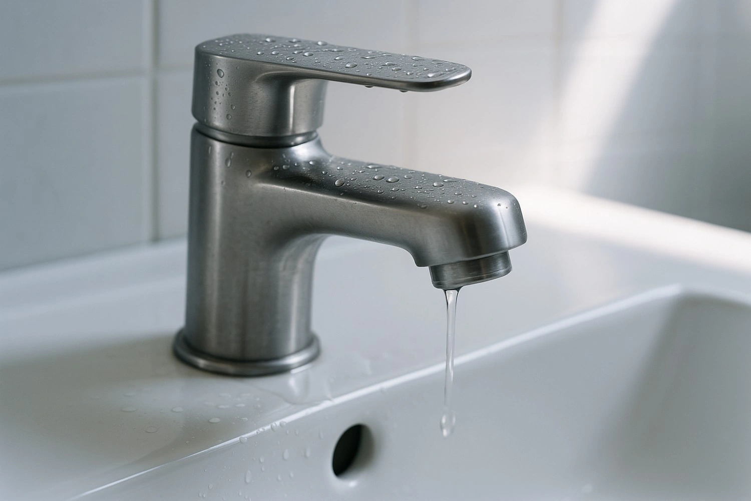 Close-up of dripping bathroom sink faucet with water leak