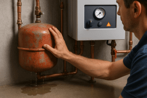 Leaking expansion tank near residential boiler system