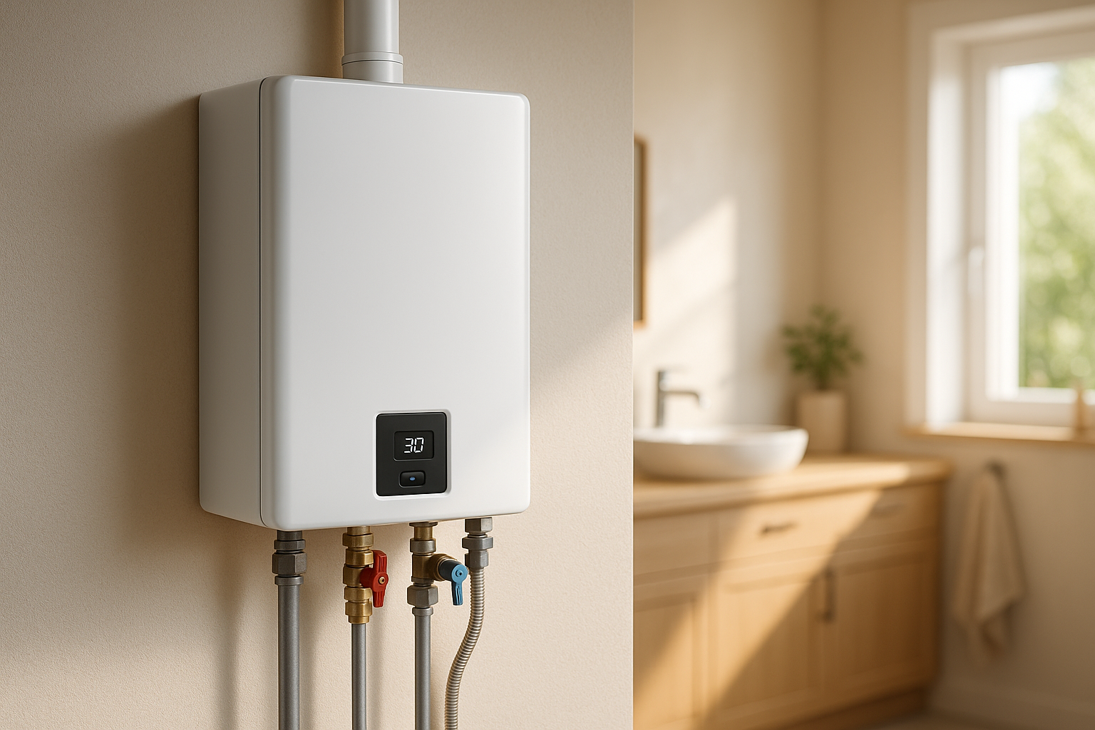 Modern tankless water heater installed in bright bathroom. Modern tankless water heater installed in bright bathroom.
