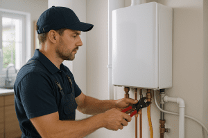 ChatGPT said: Technician installing or repairing a modern tankless water heater.