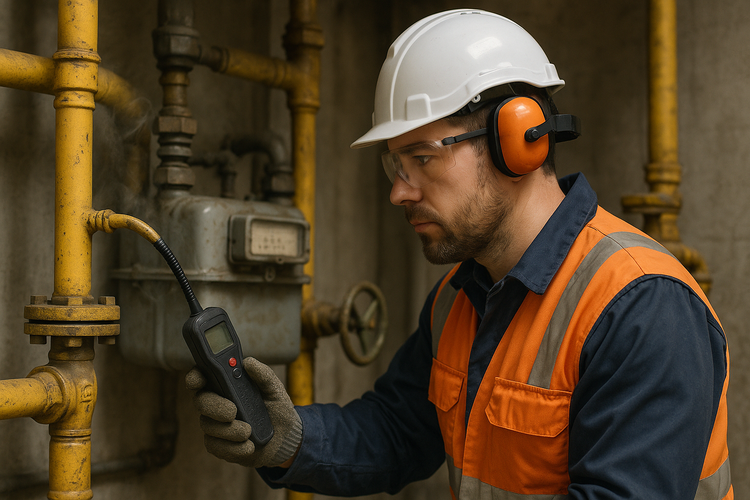 Technician wearing safety gear using a handheld gas leak detector to inspect gas pipes in Schertz, TX. Technician wearing safety gear using a handheld gas leak detector to inspect gas pipes in Schertz, TX.