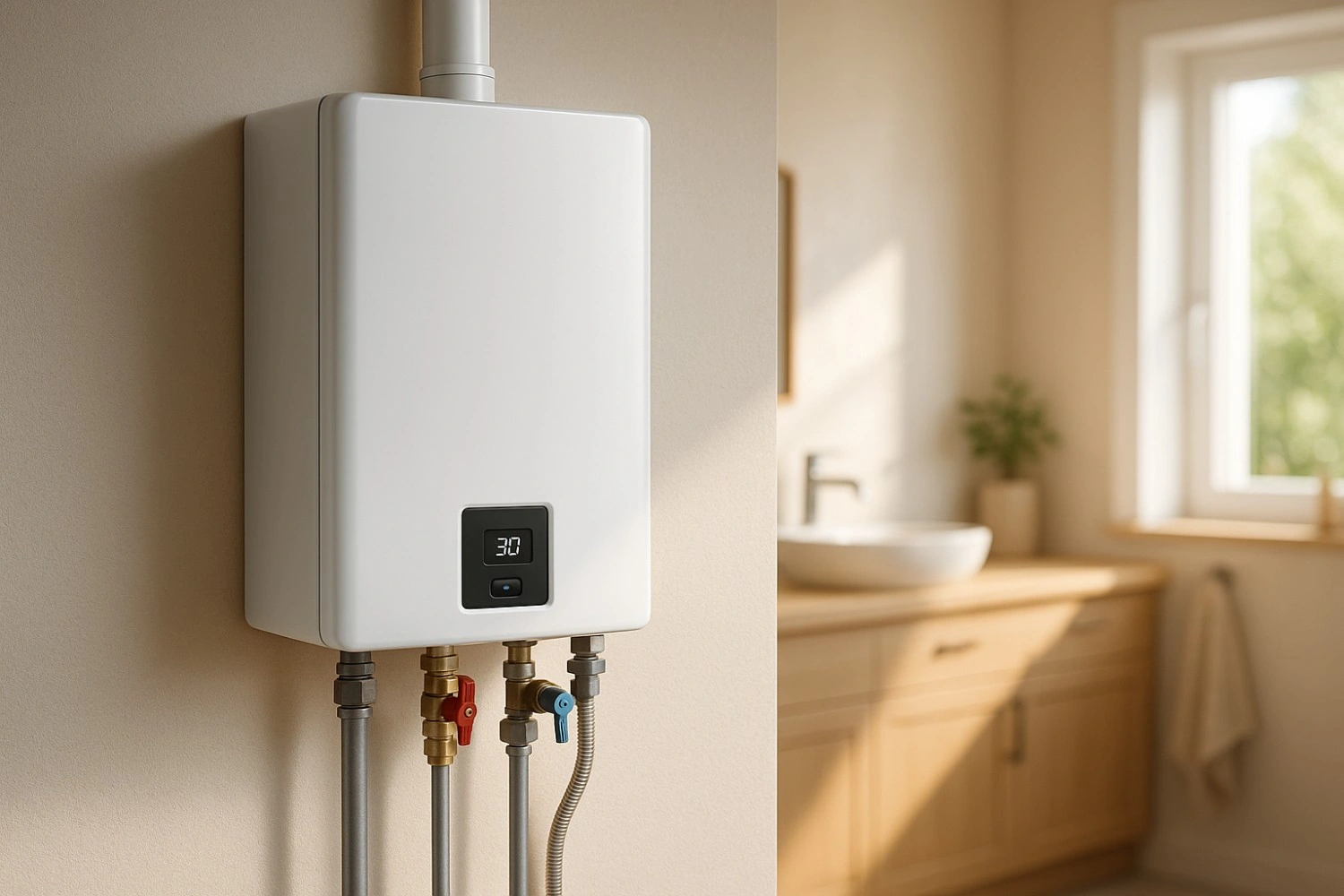 Modern tankless water heater installed in bright bathroom.
