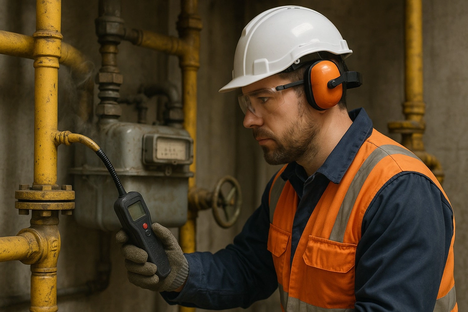 Technician wearing safety gear using a handheld gas leak detector to inspect gas pipes in Schertz, TX Technician wearing safety gear using a handheld gas leak detector to inspect gas pipes in Schertz, TX.