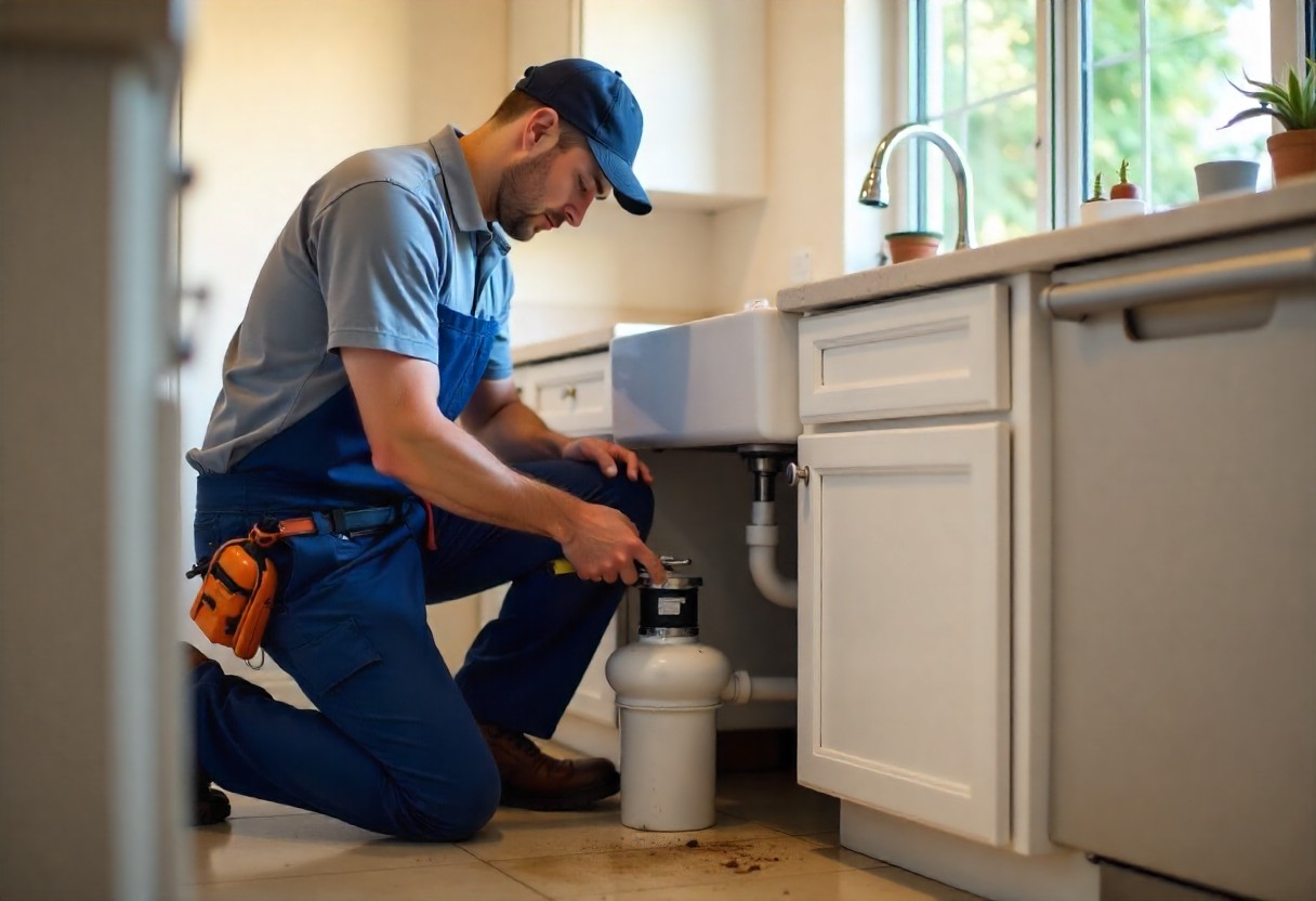 Plumber repairing a jammed garbage disposal under a kitchen sink Plumber repairing a jammed garbage disposal under a kitchen sink