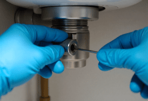 Plumber using a tool to fix a jammed garbage disposal under the sink.
