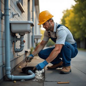 Plumber wearing a hard hat and gloves inspecting and cleaning an outdoor drain beside a commercial building to ensure proper water flow.
