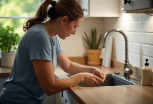 Woman checking a jammed garbage disposal at the kitchen sink, inspecting the drain for issues.