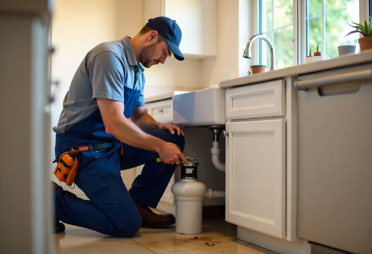 Plumber repairing a jammed garbage disposal under a kitchen sink