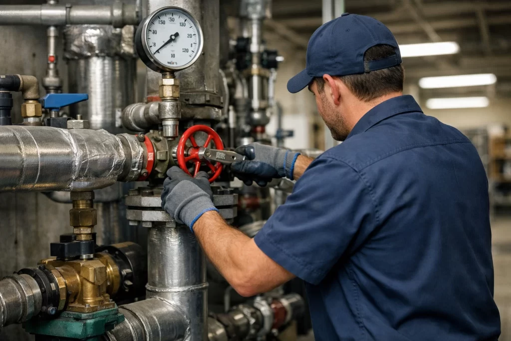 Commercial plumber adjusting industrial pipes and valves for Texas business services