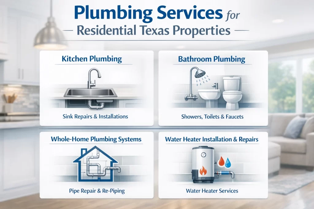 Plumbing services graphic for Texas homes showing kitchen, bathroom, pipes, and water heaters