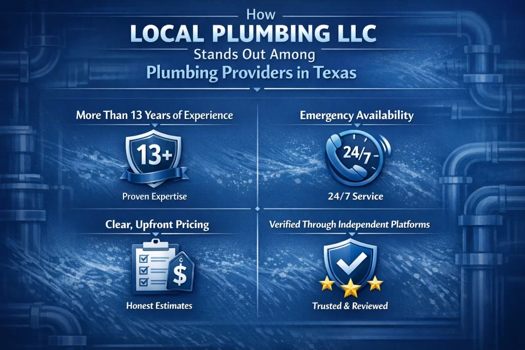 Local Plumbing LLC infographic highlighting experience, 24/7 emergency service, pricing, and trust badges