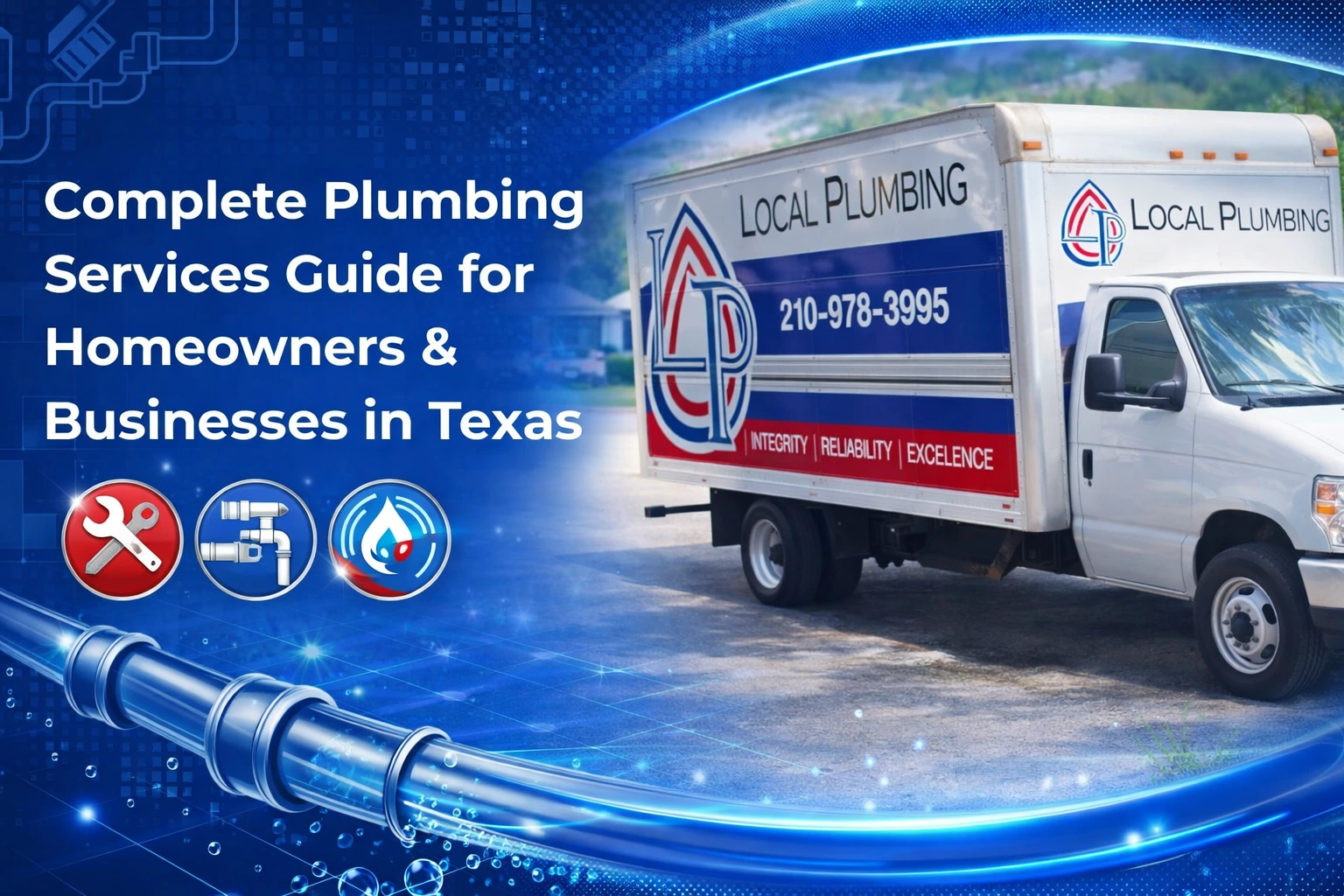 Complete plumbing services guide graphic with Local Plumbing truck for Texas homeowners and businesses