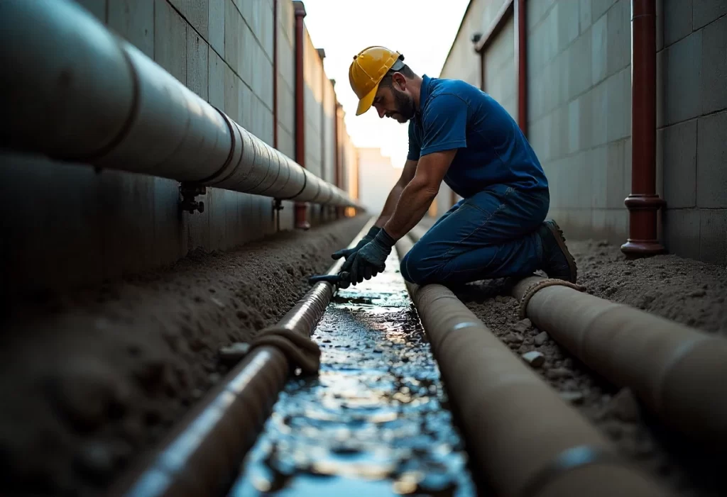 Plumber repairing underground water pipes in narrow trench with flowing water