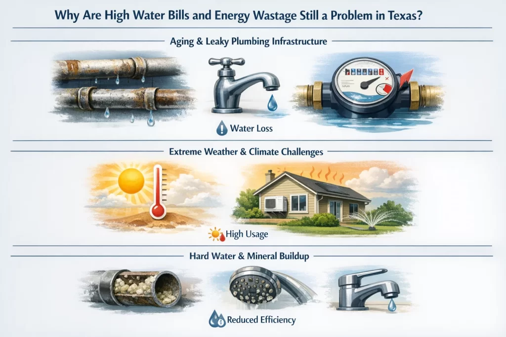 Infographic on causes of high water bills in Texas