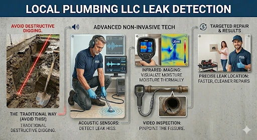 Local plumbing leak detection using acoustic sensors and infrared technology