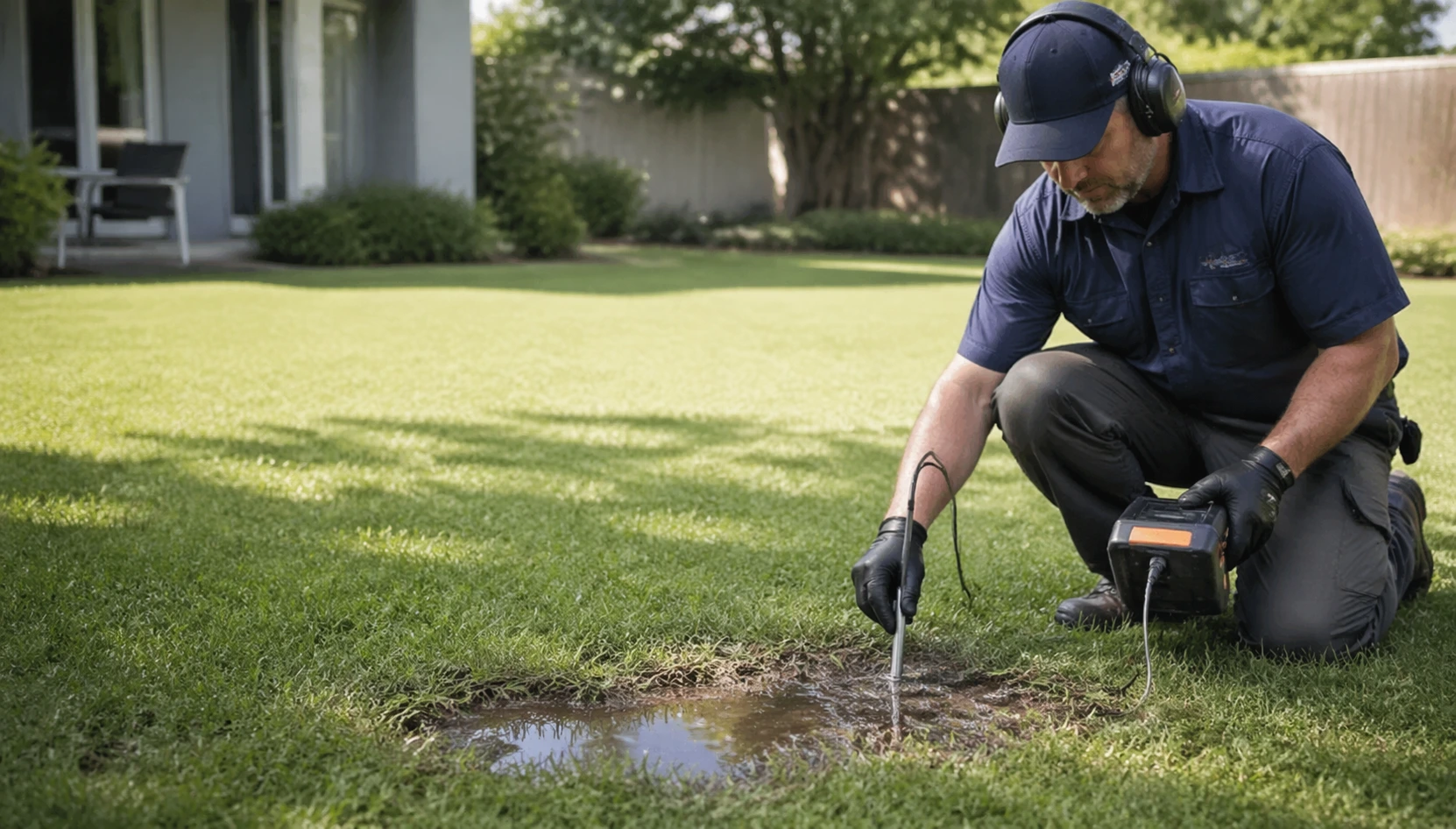 Plumber detecting yard leak using equipment in residential lawn