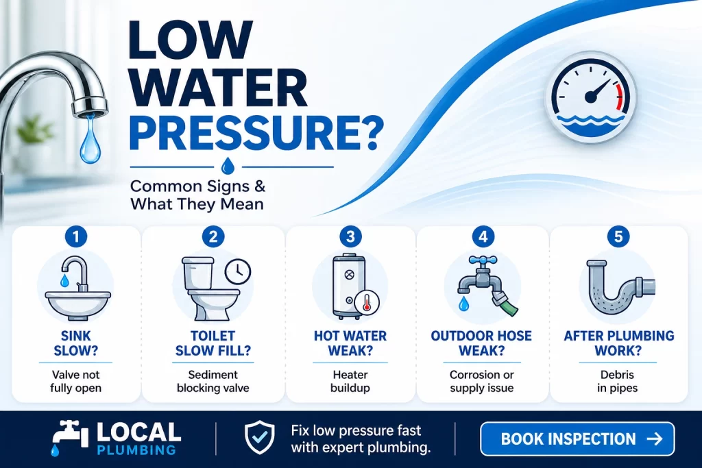 Common signs and causes of low water pressure in household plumbing.