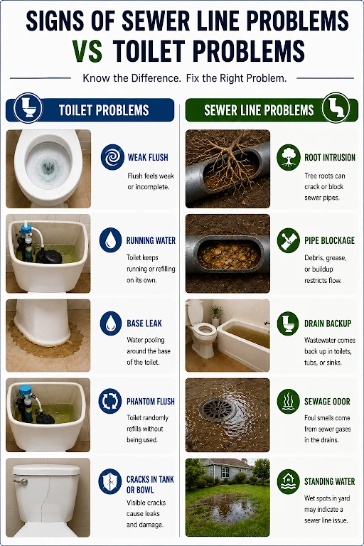 Visual guide to toilet and sewer line plumbing problems