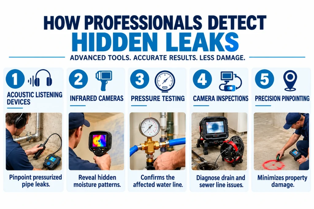Infographic showing five professional methods for detecting hidden water leaks