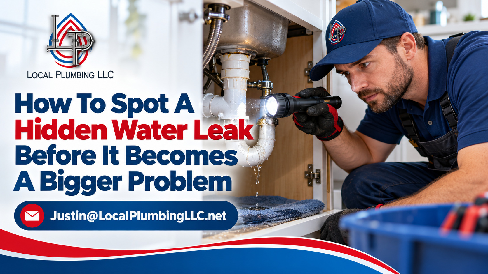 Plumber checking under a sink for a hidden water leak Plumber checking under a sink for a hidden water leak